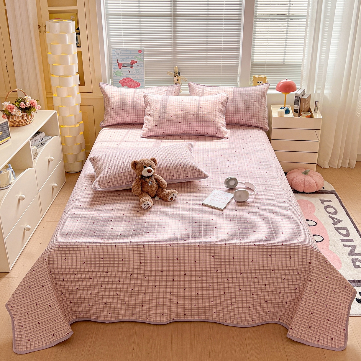 暖芯优选 2025新款木棉印花床盖三件套 格子樱桃