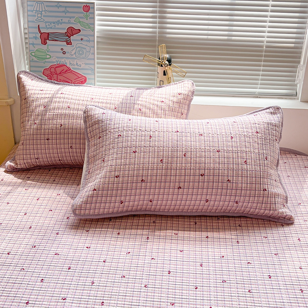 91家纺网 家纺一手货源 找家纺 暖芯优选 2025新款木棉印花床盖三件套 格子樱桃