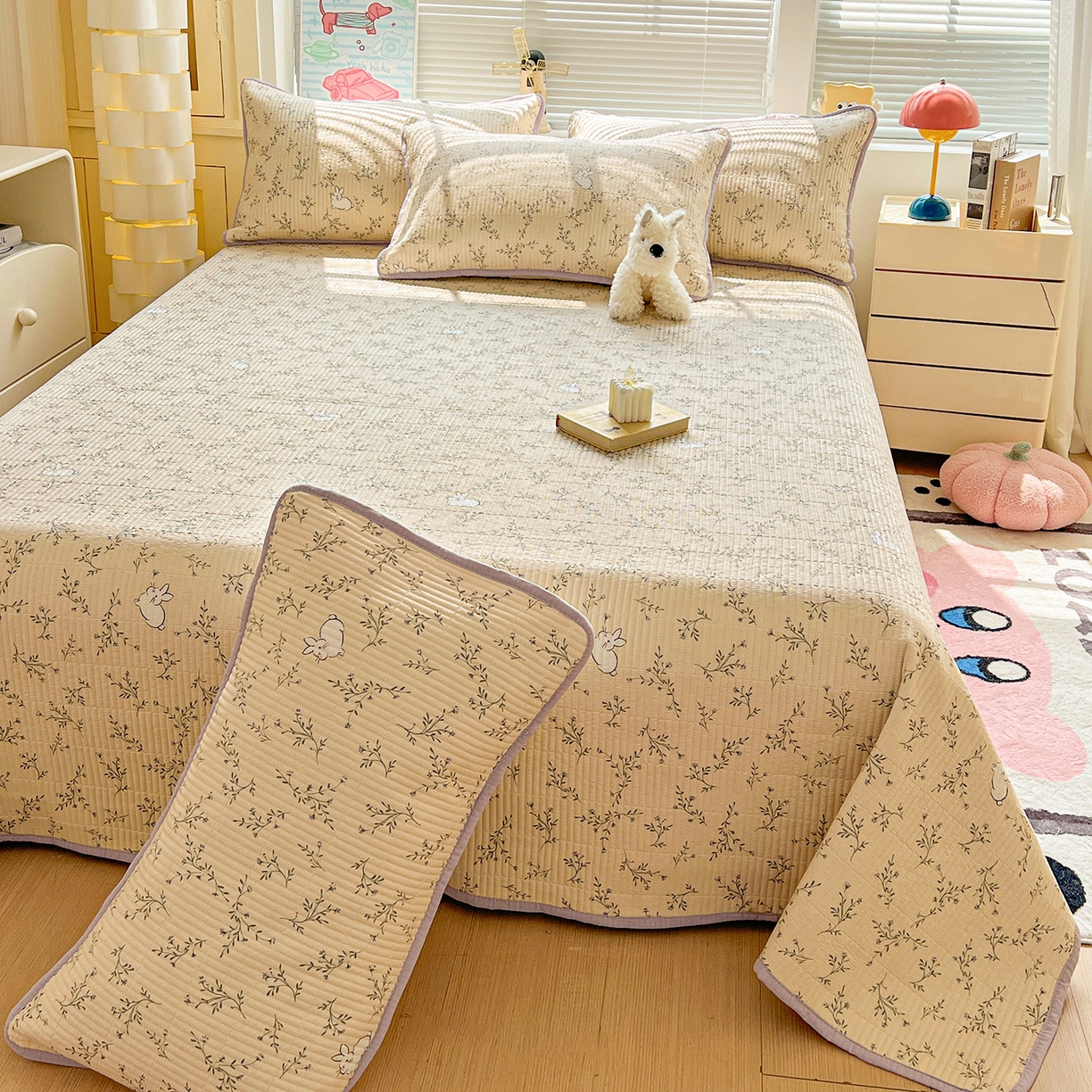 91家纺网 家纺一手货源 找家纺 暖芯优选 2025新款木棉印花床盖三件套 花花兔兔