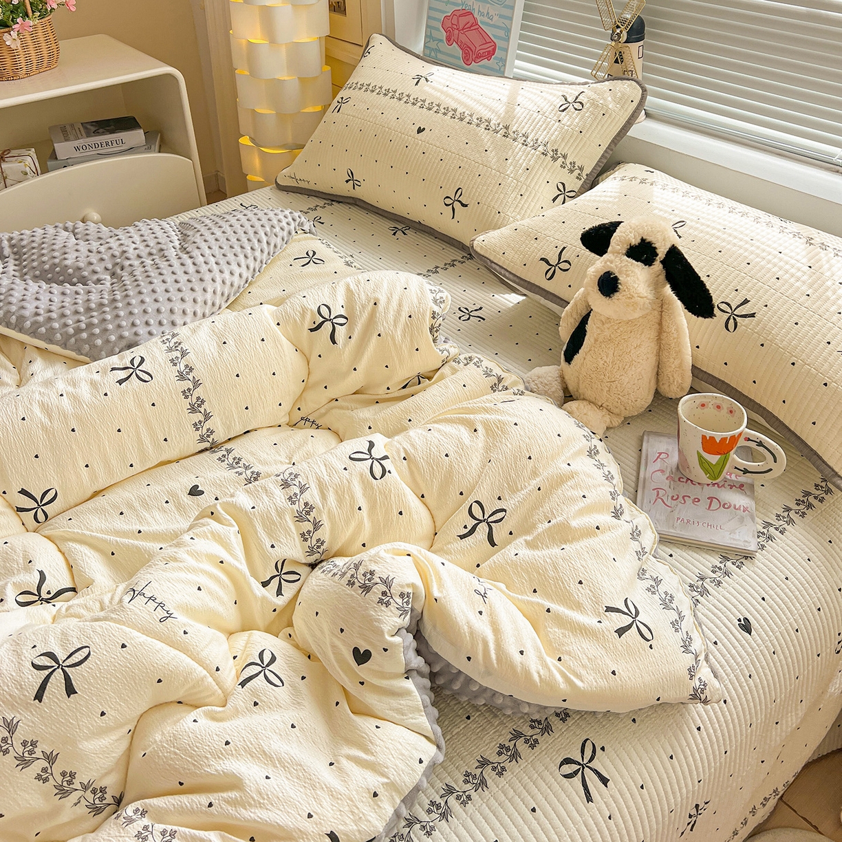 暖芯优选 2025新款木棉双层纱ins少女心可爱系加厚豆豆冬被四件套床盖三件套暖梦系列（小红书推荐） 点点爱心