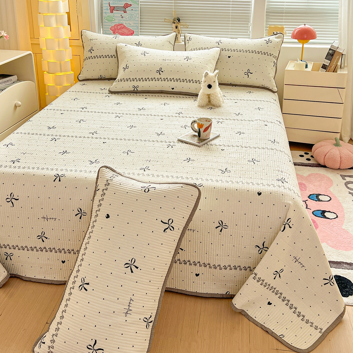 91家纺网 家纺一手货源 找家纺 暖芯优选 2025新款木棉双层纱ins少女心可爱系加厚豆豆冬被四件套床盖三件套暖梦系列（小红书推荐） 点点爱心