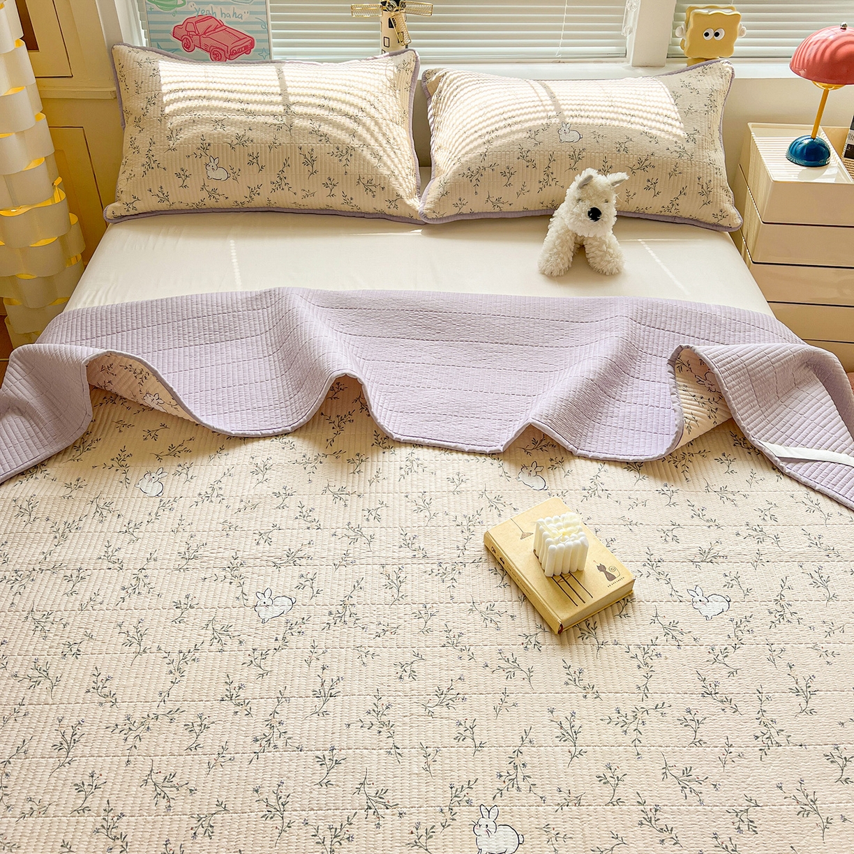 91家纺网 家纺一手货源 找家纺 暖芯优选 2025新款木棉印花床盖三件套 花花兔兔