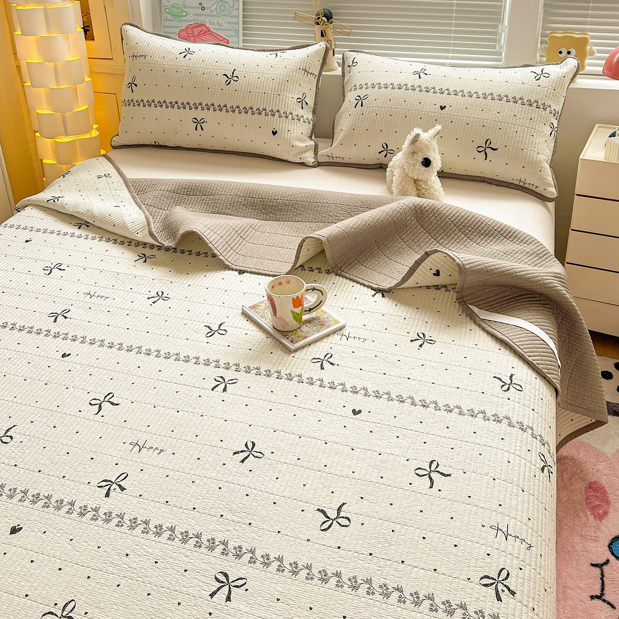 91家纺网 家纺一手货源 找家纺 暖芯优选 2025新款木棉双层纱ins少女心可爱系加厚豆豆冬被四件套床盖三件套暖梦系列（小红书推荐） 点点爱心