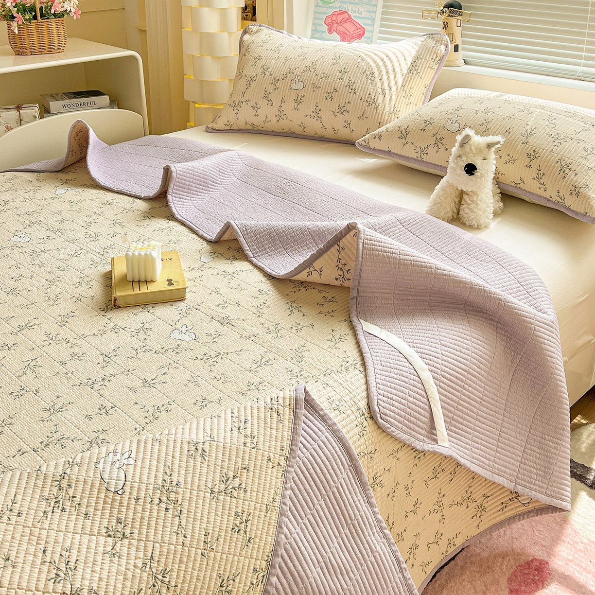 91家纺网 家纺一手货源 找家纺 暖芯优选 2025新款木棉印花床盖三件套 花花兔兔