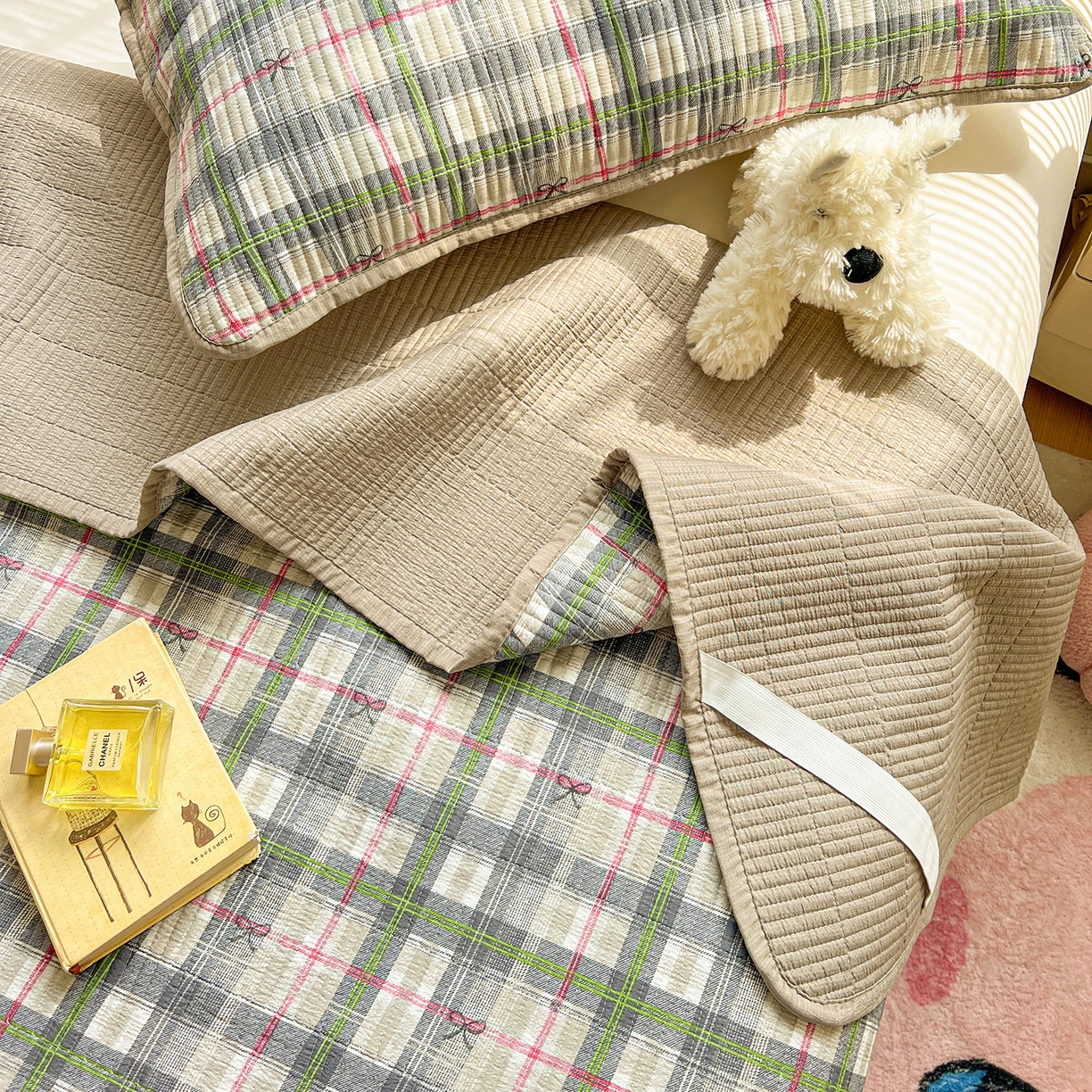 91家纺网 家纺一手货源 找家纺 暖芯优选 2025新款木棉印花床盖三件套 绿色条格