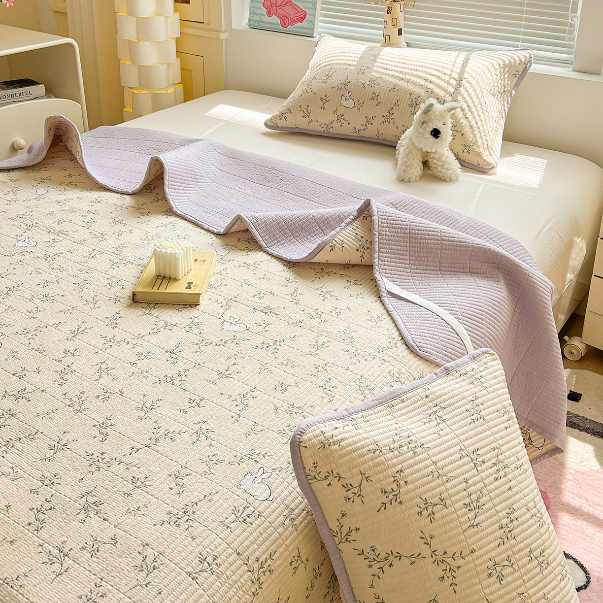 91家纺网 家纺一手货源 找家纺 暖芯优选 2025新款木棉双层纱ins少女心可爱系加厚豆豆冬被四件套床盖三件套暖梦系列（小红书推荐） 花花兔兔