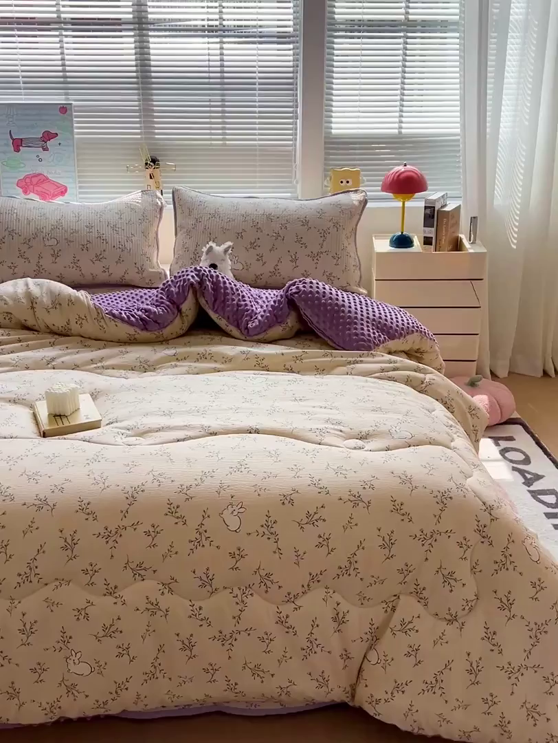 91家纺网 家纺一手货源 找家纺 暖芯优选 2025新款木棉双层纱ins少女心可爱系加厚豆豆冬被四件套床盖三件套暖梦系列（小红书推荐） 花花兔兔