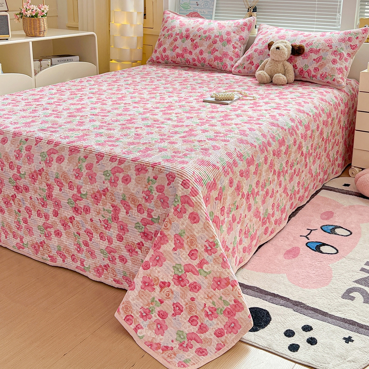 91家纺网 家纺一手货源 找家纺 暖芯优选 2025新款木棉印花床盖三件套 十里桃花