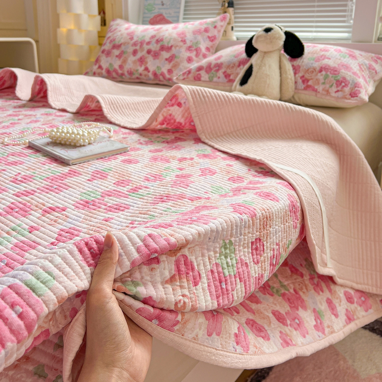 91家纺网 家纺一手货源 找家纺 暖芯优选 2025新款木棉印花床盖三件套 十里桃花