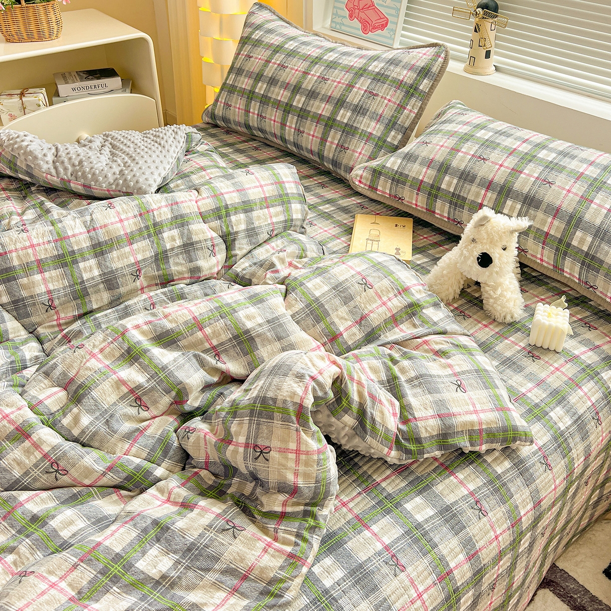 暖芯优选 2025新款木棉双层纱ins少女心可爱系加厚豆豆冬被四件套床盖三件套暖梦系列（小红书推荐） 绿色条格