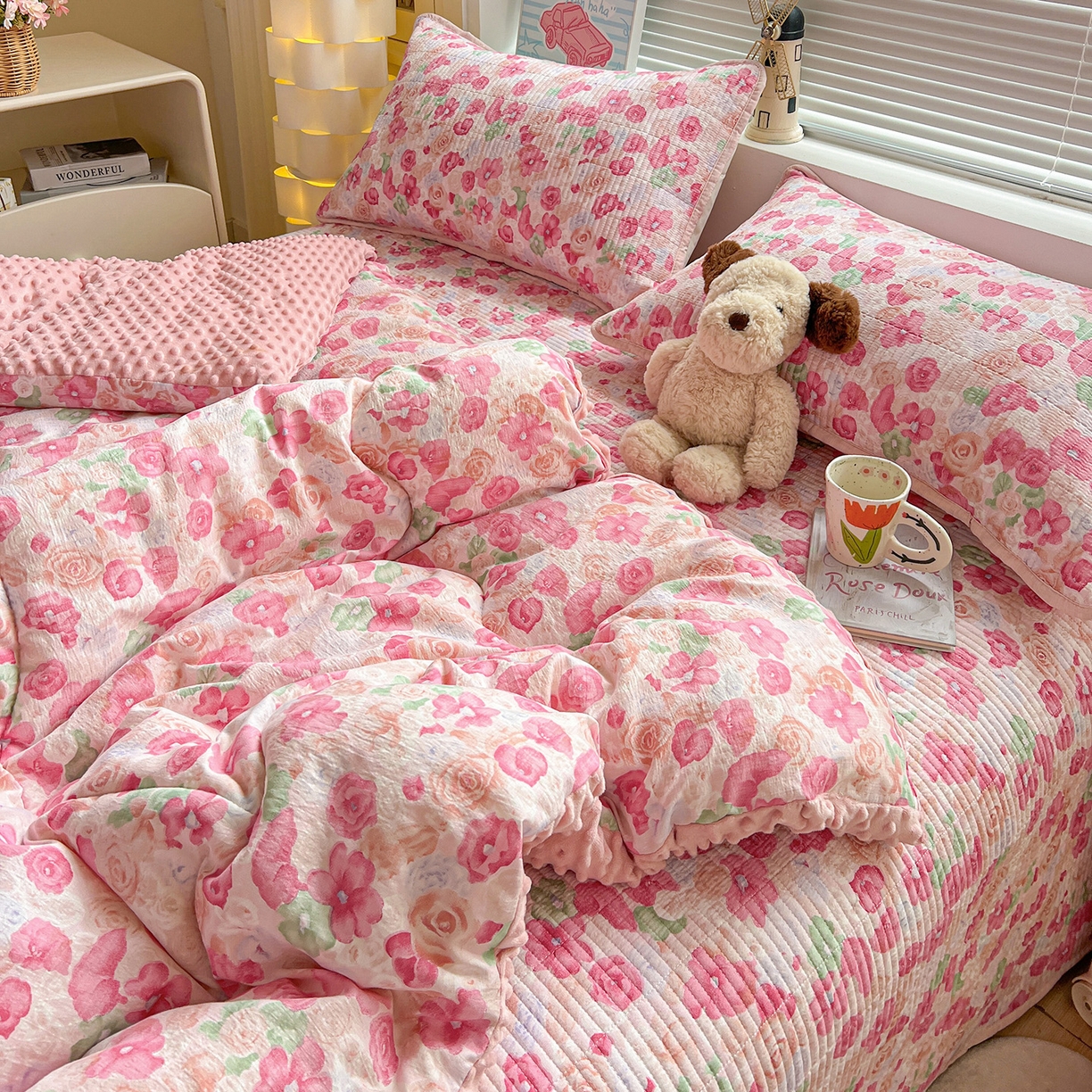 暖芯优选 2025新款木棉双层纱ins少女心可爱系加厚豆豆冬被四件套床盖三件套暖梦系列（小红书推荐） 十里桃花