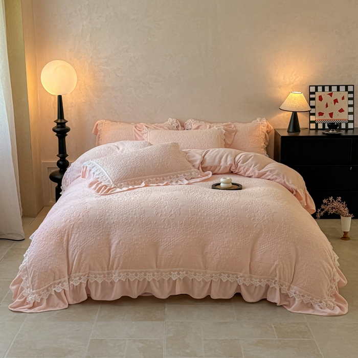 宝薇 2025新款全消光雕花工艺法式花边牛奶绒宝宝绒四件套-艾薇儿 艾薇儿-玉