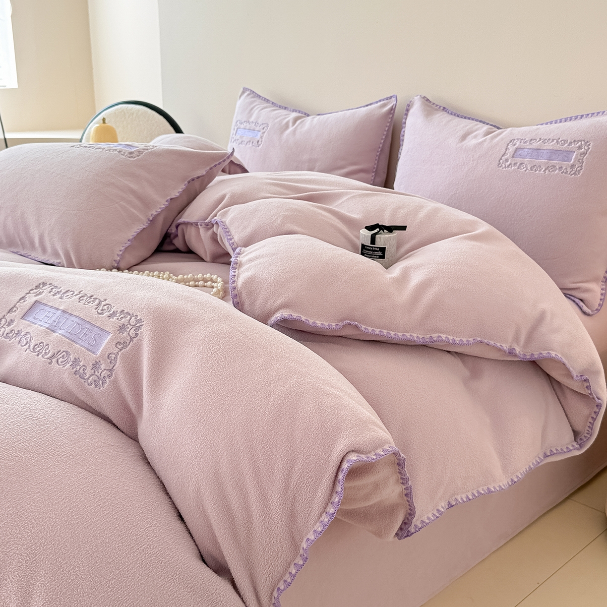 典曼家纺 2025新款A类贝壳绣纯色海獭绒四件套 落霞紫