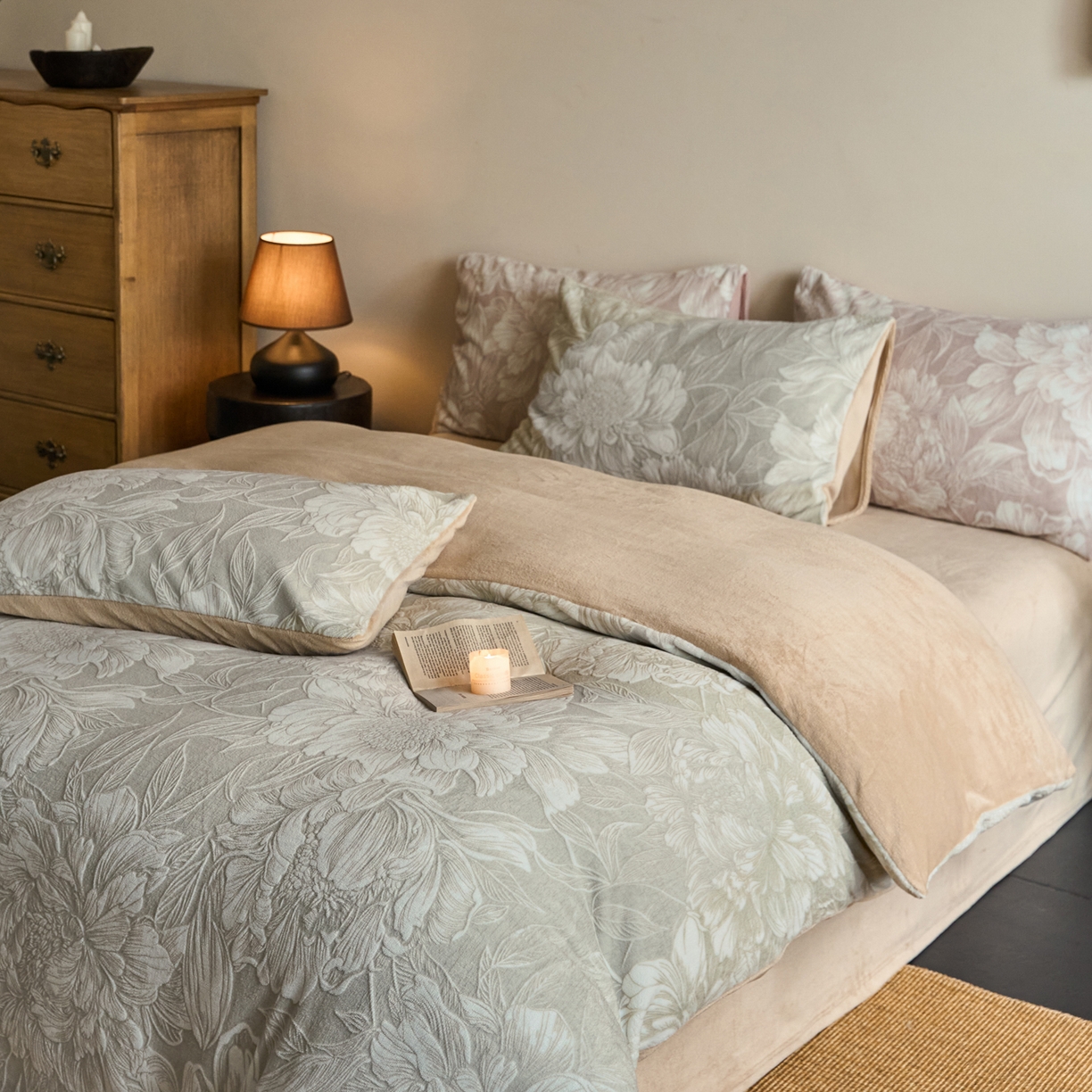 91家纺网 家纺一手货源 找家纺 华超针织 2025新款雕花牛奶绒四件套-蔷薇系列 蔷薇-米灰