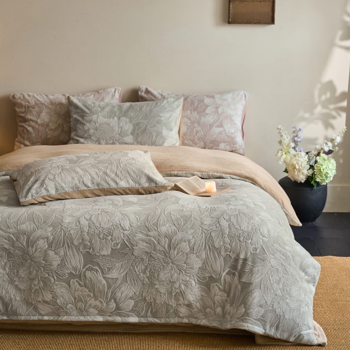 91家纺网 家纺一手货源 找家纺 华超针织 2025新款雕花牛奶绒四件套-蔷薇系列 蔷薇-米灰