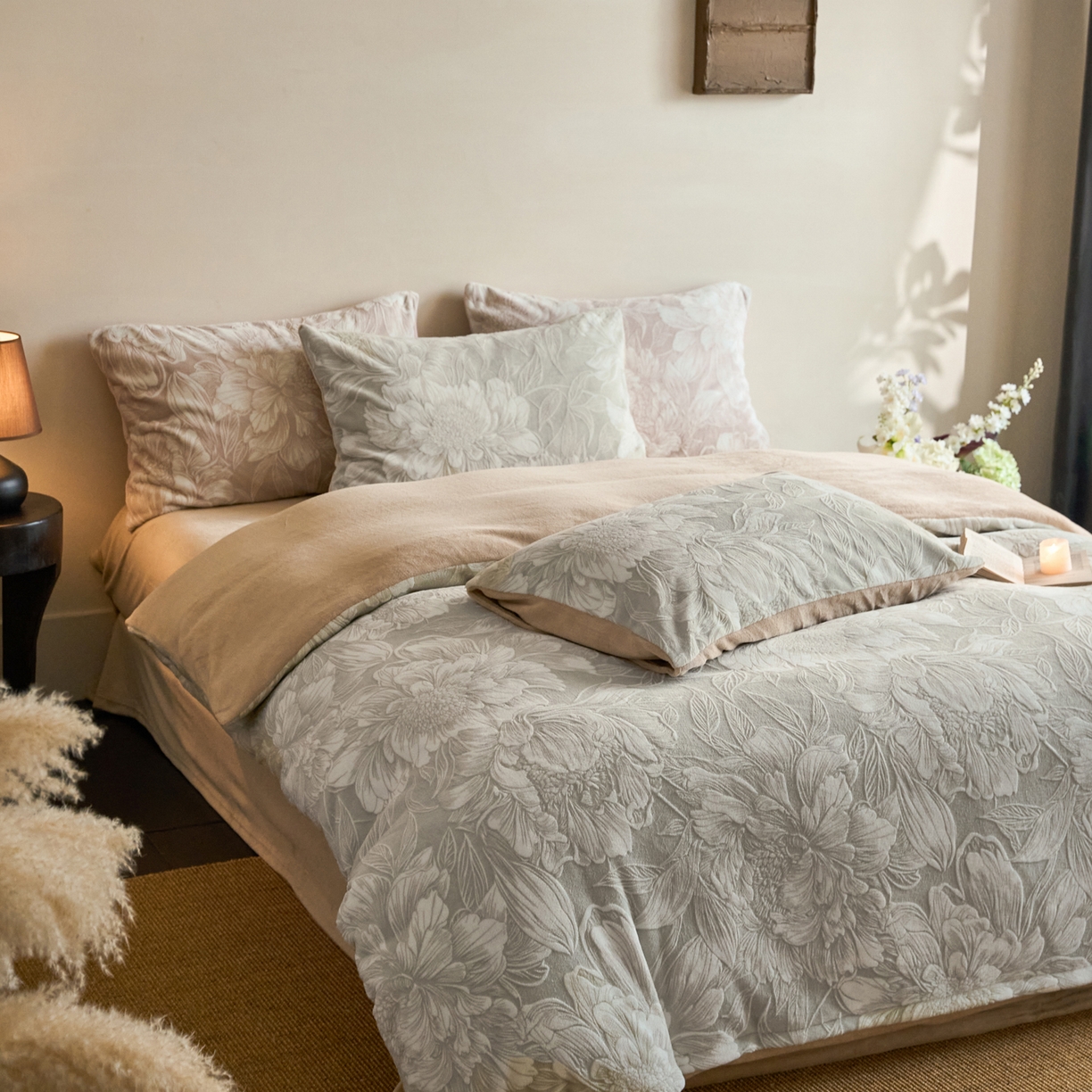 91家纺网 家纺一手货源 找家纺 华超针织 2025新款雕花牛奶绒四件套-蔷薇系列 蔷薇-米灰