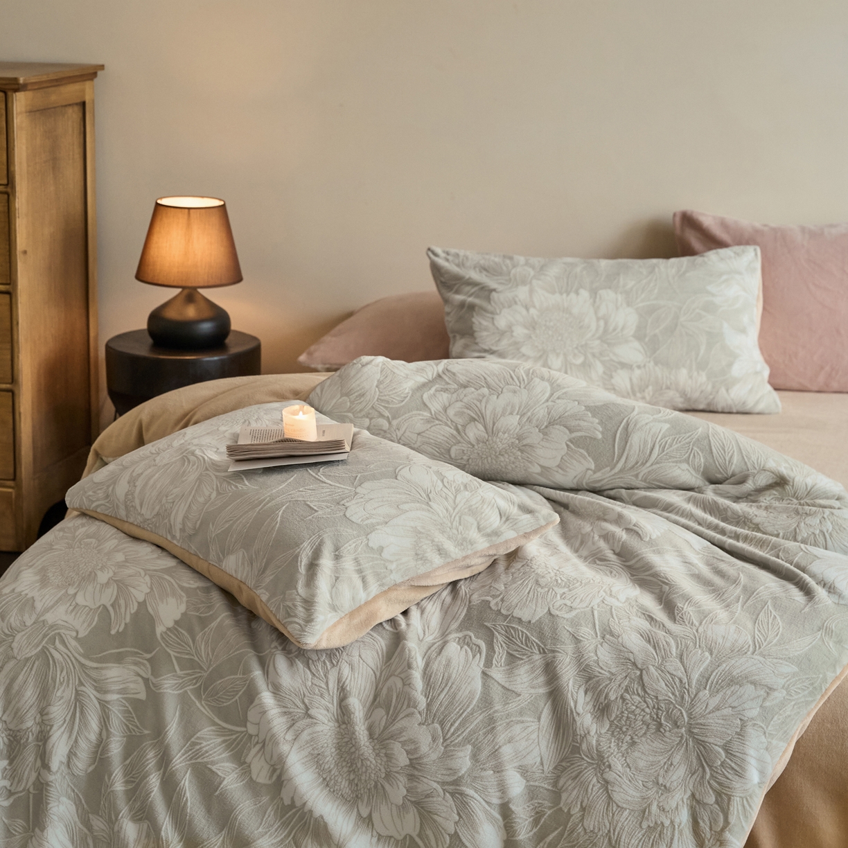 91家纺网 家纺一手货源 找家纺 华超针织 2025新款雕花牛奶绒四件套-蔷薇系列 蔷薇-米灰