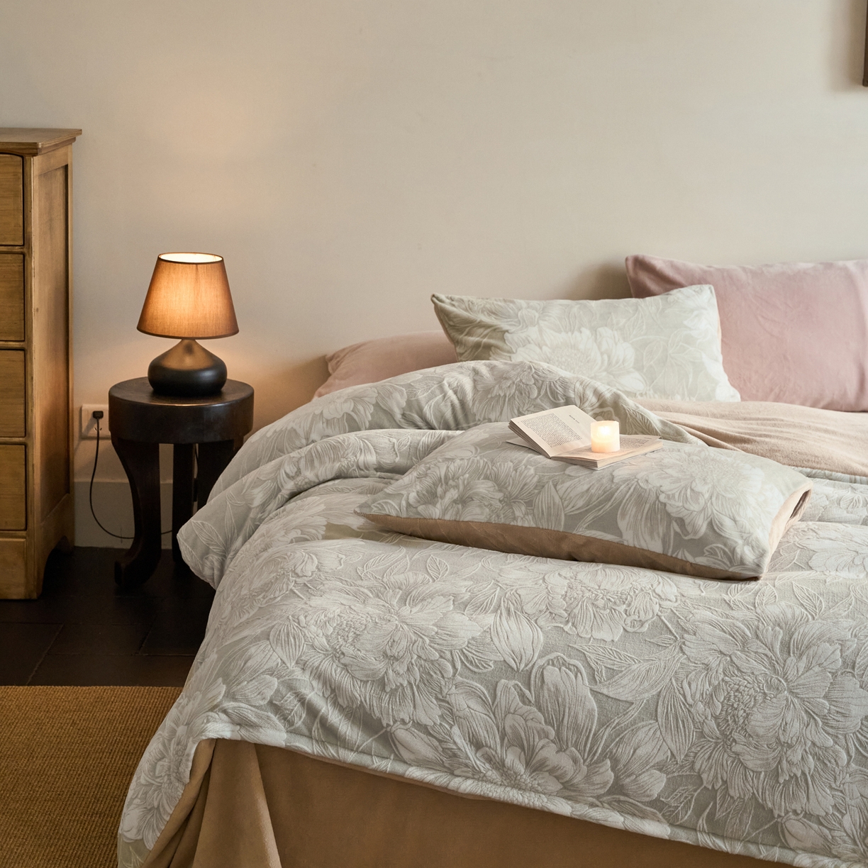 91家纺网 家纺一手货源 找家纺 华超针织 2025新款雕花牛奶绒四件套-蔷薇系列 蔷薇-米灰