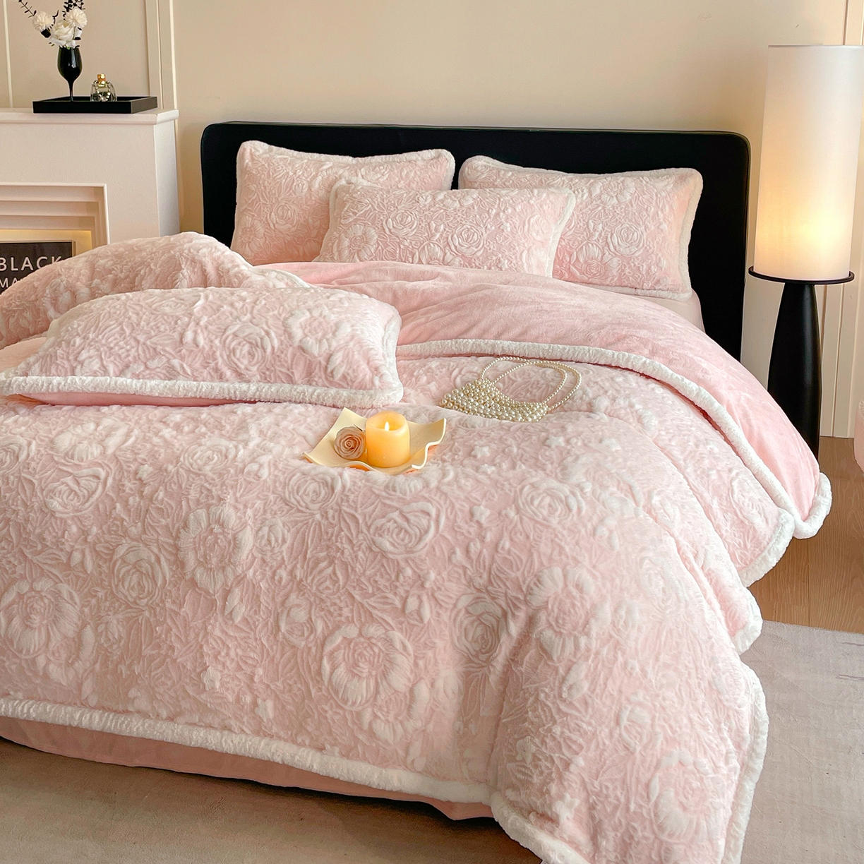 民新家纺 2025新款立体烂花兔毛包边款四件套 经典玫瑰-樱花粉