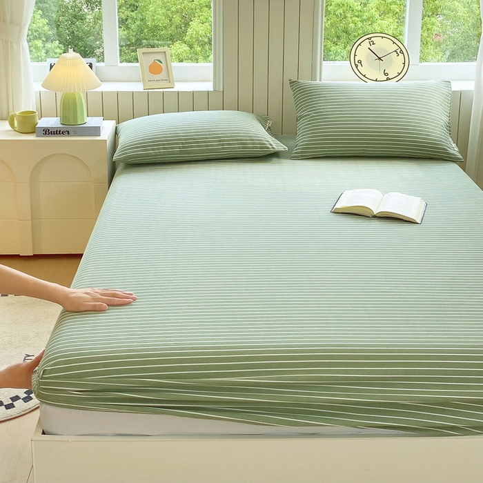 91家纺网 家纺一手货源 找家纺 春皖家纺 2025新款原棉磨毛单床笠 床笠单件-风格一 艾绿条