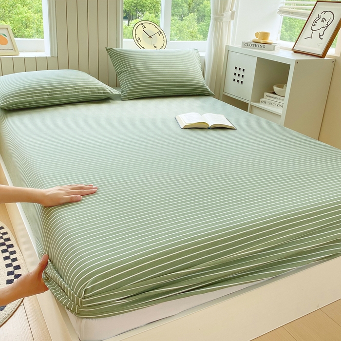 91家纺网 家纺一手货源 找家纺 春皖家纺 2025新款原棉磨毛单床笠 床笠单件-风格一 艾绿条