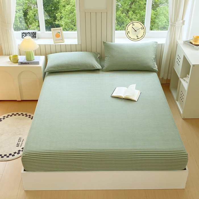 91家纺网 家纺一手货源 找家纺 春皖家纺 2025新款原棉磨毛单床笠 床笠单件-风格一 艾绿条