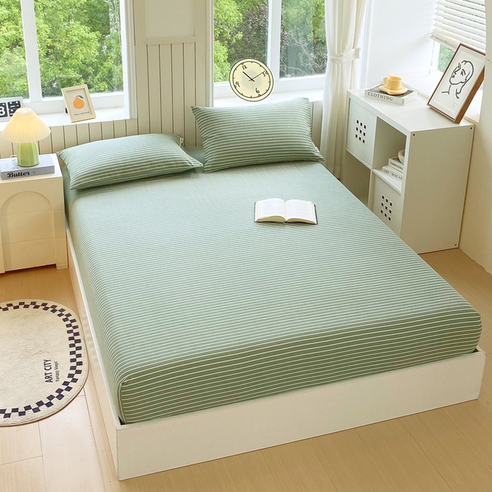 91家纺网 家纺一手货源 找家纺 春皖家纺 2025新款原棉磨毛单床笠 床笠单件-风格一 艾绿条