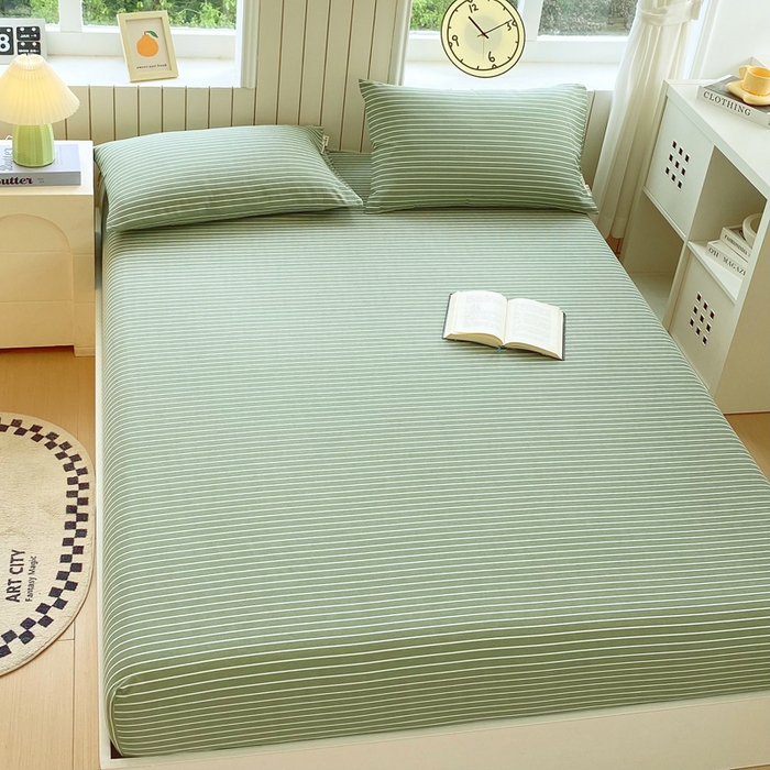 91家纺网 家纺一手货源 找家纺 春皖家纺 2025新款原棉磨毛单床笠 床笠单件-风格一 艾绿条