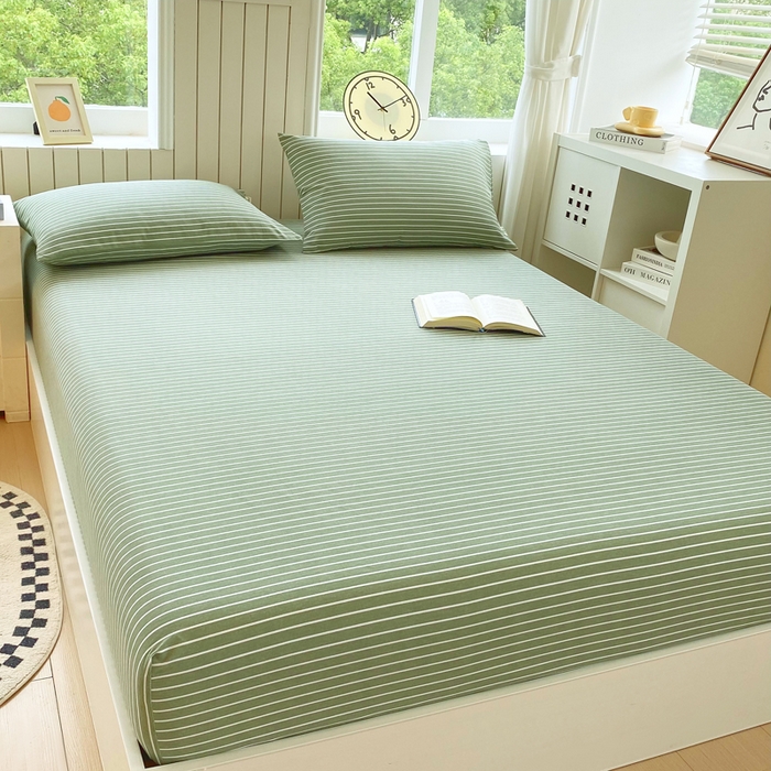 91家纺网 家纺一手货源 找家纺 春皖家纺 2025新款原棉磨毛单床笠 床笠单件-风格一 艾绿条