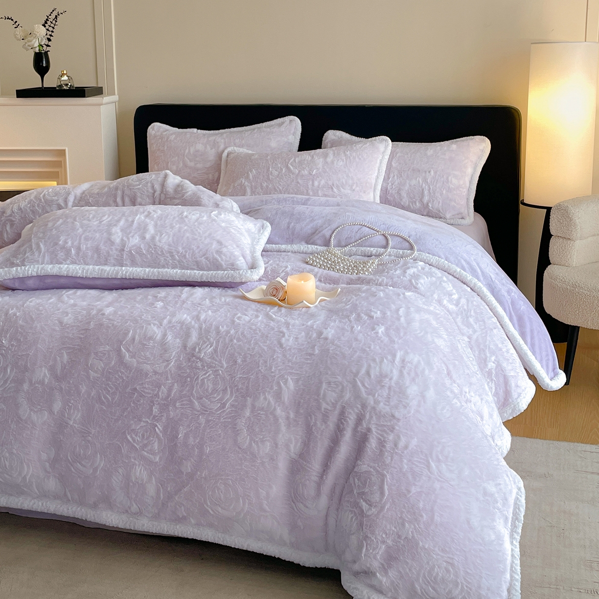 民新家纺 2025新款立体烂花兔毛包边款四件套 经典玫瑰-浅紫