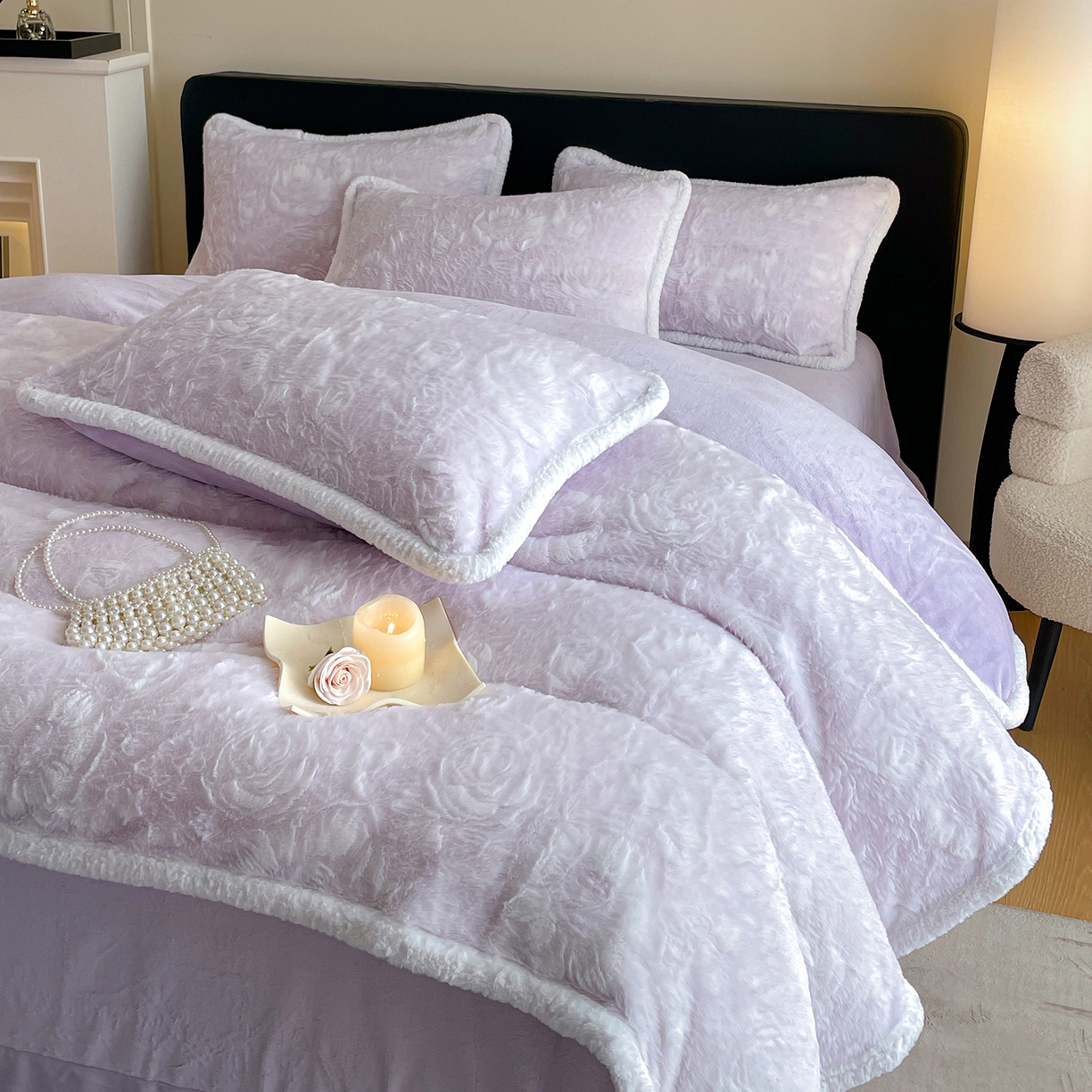 91家纺网 家纺一手货源 找家纺 民新家纺 2025新款立体烂花兔毛包边款四件套 经典玫瑰-浅紫