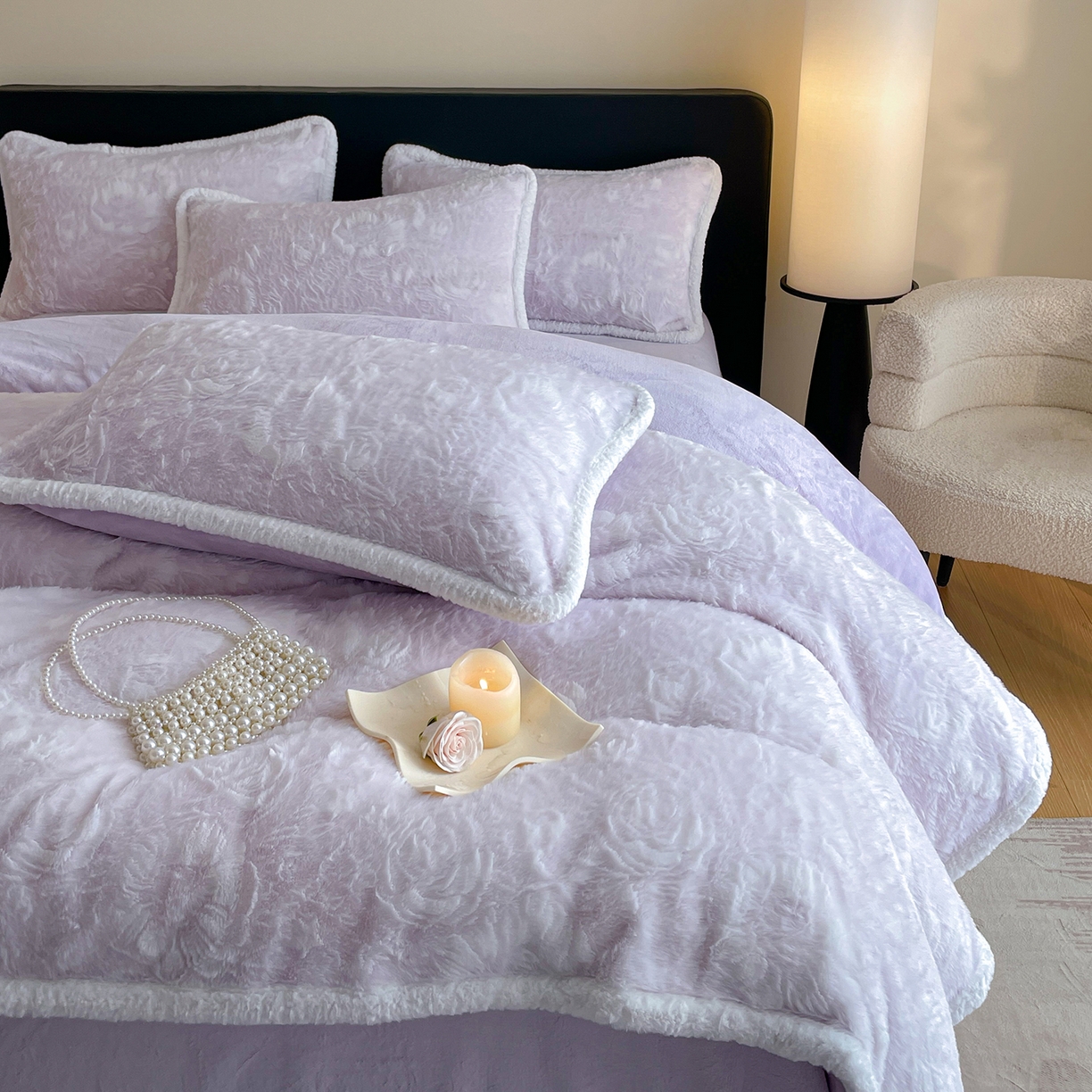 91家纺网 家纺一手货源 找家纺 民新家纺 2025新款立体烂花兔毛包边款四件套 经典玫瑰-浅紫