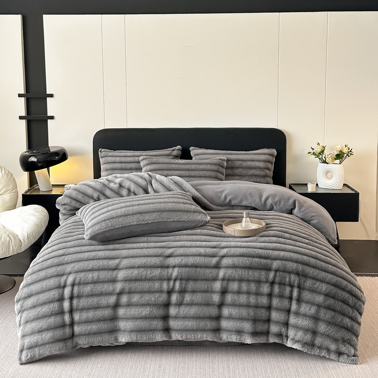 91家纺网 家纺一手货源 找家纺 乐窝家纺仓储 2025新款高端定制加厚抽条兔毛床裙款四件套美拉德支持跨境外贸 时尚灰