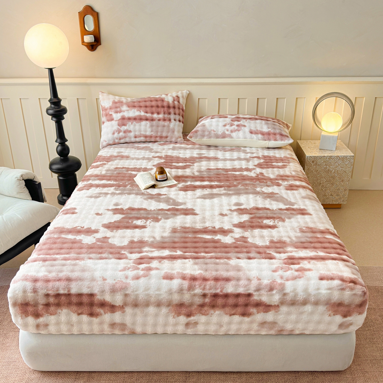 91家纺网 家纺一手货源 找家纺 2025新款兔毛绒高克重保暖床笠 席梦思床笠 云端-烟棕