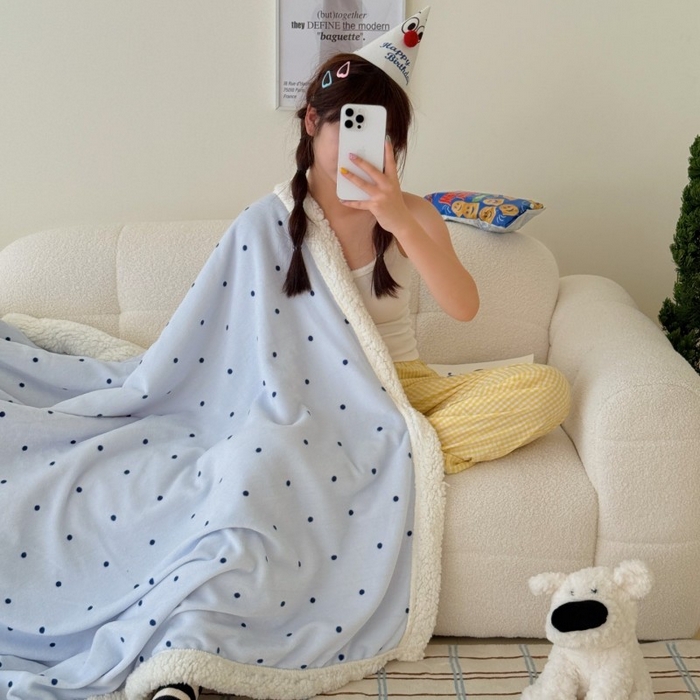 顾里家纺 2025新款Chic韩系少女牛奶羊羔绒毯毛毯毯子-波点系 蓝波点