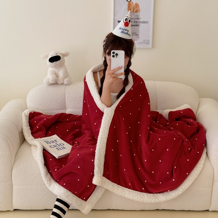 91家纺网 家纺一手货源 找家纺 顾里家纺 2025新款Chic韩系少女牛奶羊羔绒毯毛毯毯子-波点系 红波点