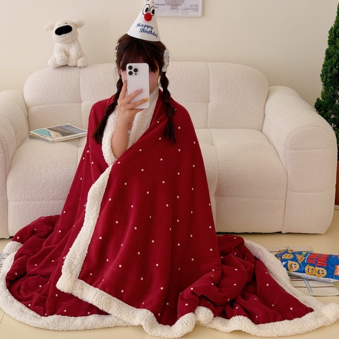 91家纺网 家纺一手货源 找家纺 顾里家纺 2025新款Chic韩系少女牛奶羊羔绒毯毛毯毯子-波点系 红波点