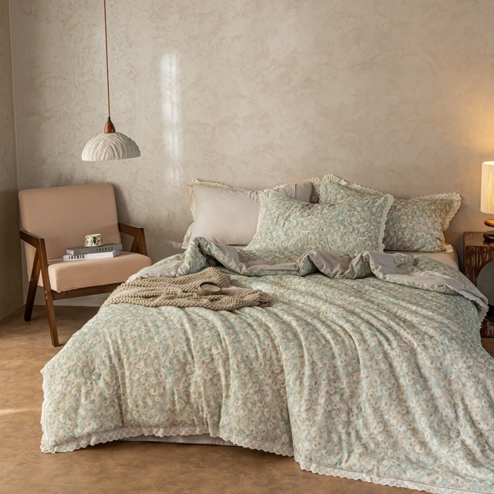 91家纺网 家纺一手货源 找家纺 （总）馨宜 2025水柔砂洗全棉大豆被（免套被套）二合一五件套 全棉冬被春秋被子母被纤维被春秋被四件套