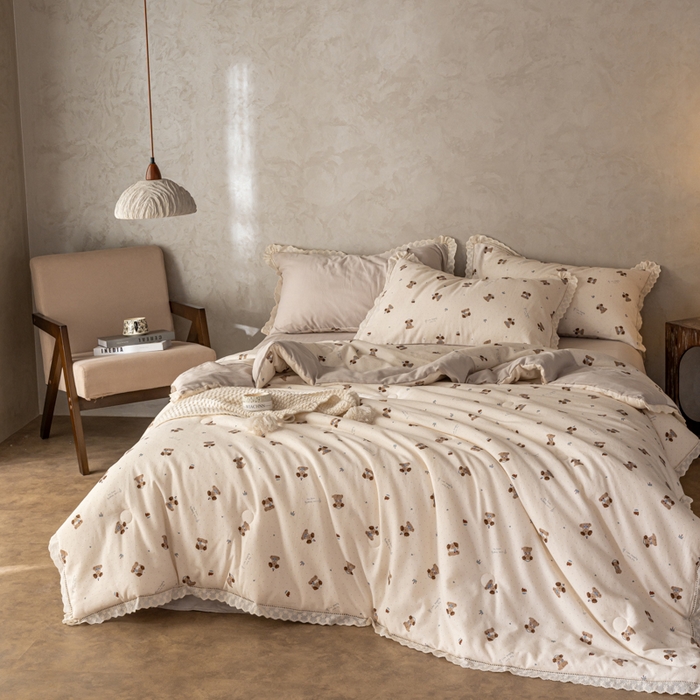 91家纺网 家纺一手货源 找家纺 （总）馨宜 2025水柔砂洗全棉大豆被（免套被套）二合一五件套 全棉冬被春秋被子母被纤维被春秋被四件套