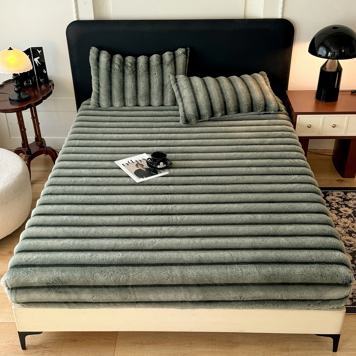 91家纺网 家纺一手货源 找家纺 丝印良品 2025秋冬新款300克条纹兔绒床笠三件套 床笠款-森林绿