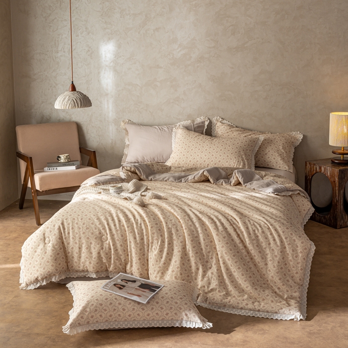 91家纺网 家纺一手货源 找家纺 CINNY馨宜 2025新款全棉水柔砂洗可水洗二合一五件套（免套被套）大豆被冬被春秋被子母被 莫奈花园