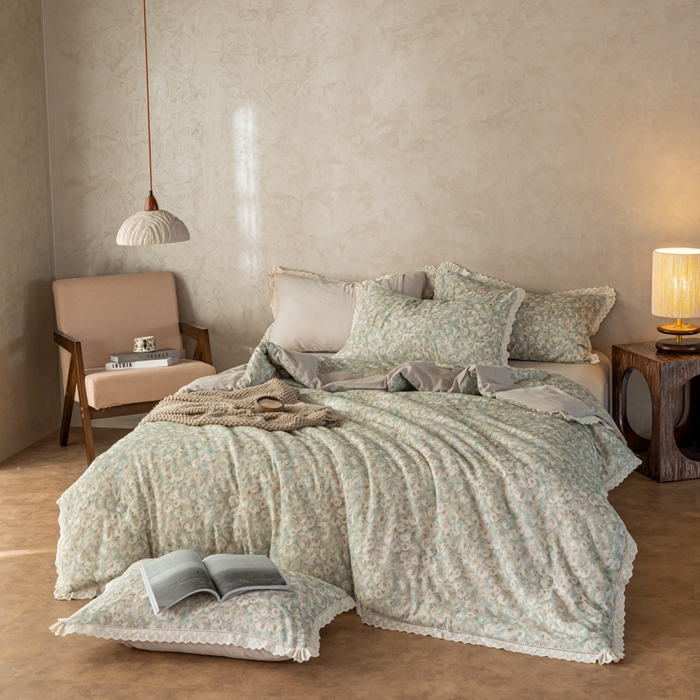 91家纺网 家纺一手货源 找家纺 CINNY馨宜 2025新款全棉水柔砂洗可水洗二合一五件套（免套被套）大豆被冬被春秋被子母被 光影絮语