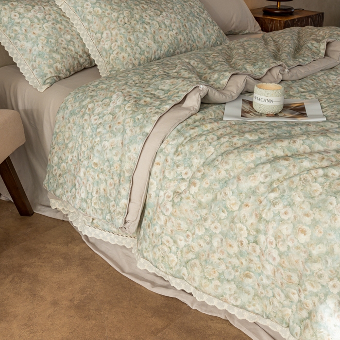 91家纺网 家纺一手货源 找家纺 CINNY馨宜 2025新款全棉水柔砂洗可水洗二合一五件套（免套被套）大豆被冬被春秋被子母被 光影絮语