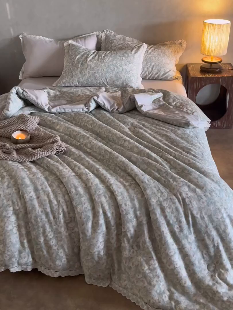 91家纺网 家纺一手货源 找家纺 CINNY馨宜 2025新款全棉水柔砂洗可水洗二合一五件套（免套被套）大豆被冬被春秋被子母被 光影絮语