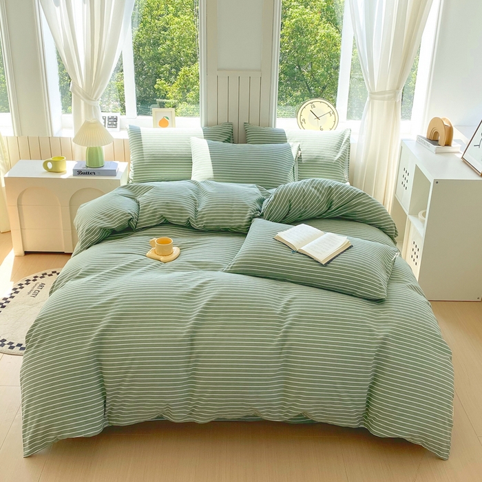 91家纺网 家纺一手货源 找家纺 春皖家纺 2025新款原棉磨毛四件套-风格一 艾绿条