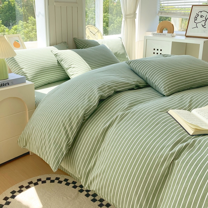 91家纺网 家纺一手货源 找家纺 春皖家纺 2025新款原棉磨毛四件套-风格一 艾绿条