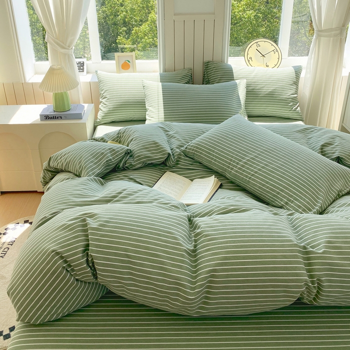 91家纺网 家纺一手货源 找家纺 春皖家纺 2025新款原棉磨毛四件套-风格一 艾绿条