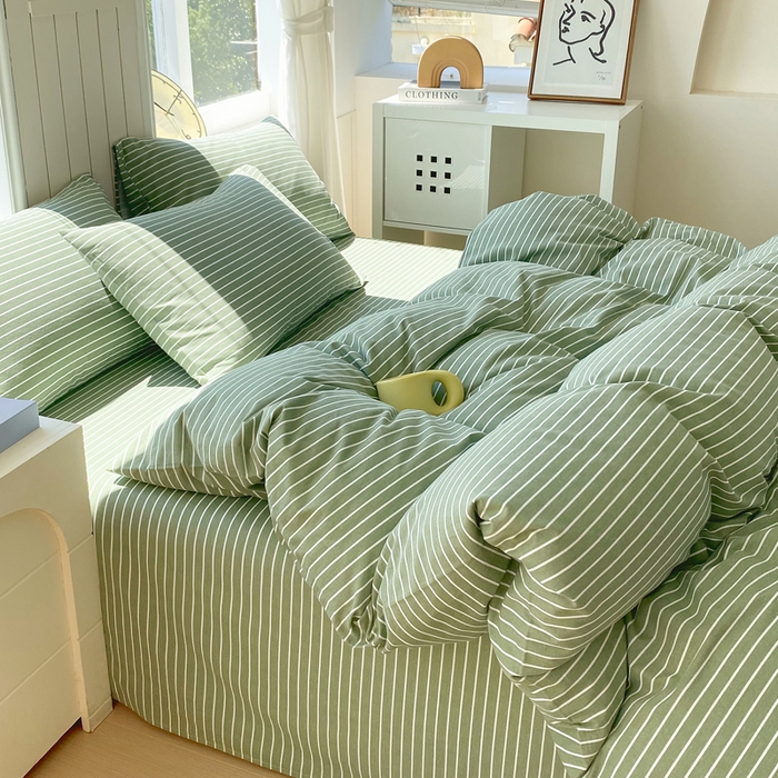 91家纺网 家纺一手货源 找家纺 春皖家纺 2025新款原棉磨毛四件套-风格一 艾绿条