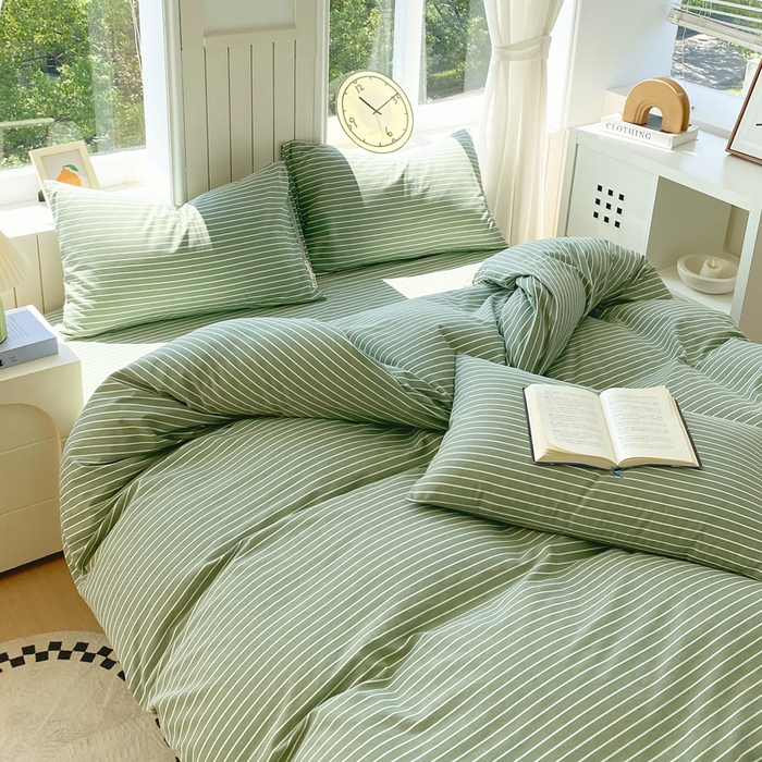 91家纺网 家纺一手货源 找家纺 春皖家纺 2025新款原棉磨毛四件套-风格一 艾绿条