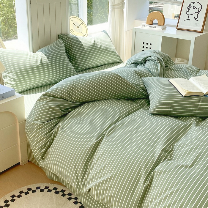 91家纺网 家纺一手货源 找家纺 春皖家纺 2025新款原棉磨毛四件套-风格一 艾绿条